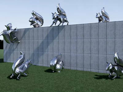Silver Animal Landscape Sculptures On Gray Concrete Wall And Green Grass With Modern Metal Style 3d model