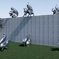 Silver Animal Landscape Sculptures On Gray Concrete Wall And Green Grass With Modern Metal Style