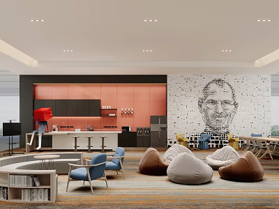 Modern Break Room Interior With Coffee Bar Comfortable Seating And Decorative Wall Art 3d model