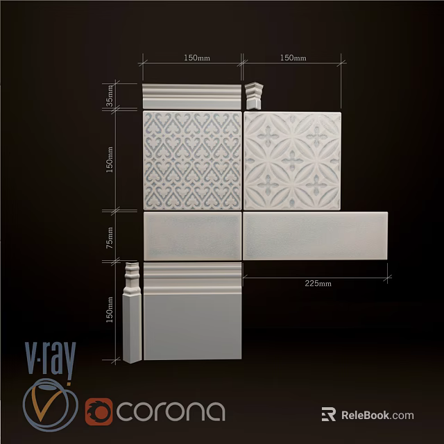 Decorative Floor Tiles Featuring Patterned And Plain Designs 150mm 225mm Sizes 3d model