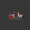 Vintage Red And White Scooter Display On Brick Platform With Sign And Fruits