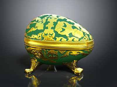 Elegant Display Shelf Featuring Green And Gold Decorative Egg Box With Intricate Ornate Patterns 3d model