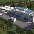 Modern Industrial Factory Building Featuring Blue Roof Surrounding Greenery And Parking Area
