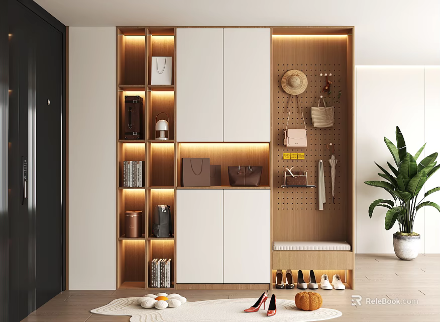 Modern Shoe Cabinet With LED Lighting Storage For Shoes Bags Hat Bench And Indoor Plant 3d model 