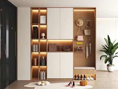 Modern Shoe Cabinet With LED Lighting Storage For Shoes Bags Hat Bench And Indoor Plant 3d model