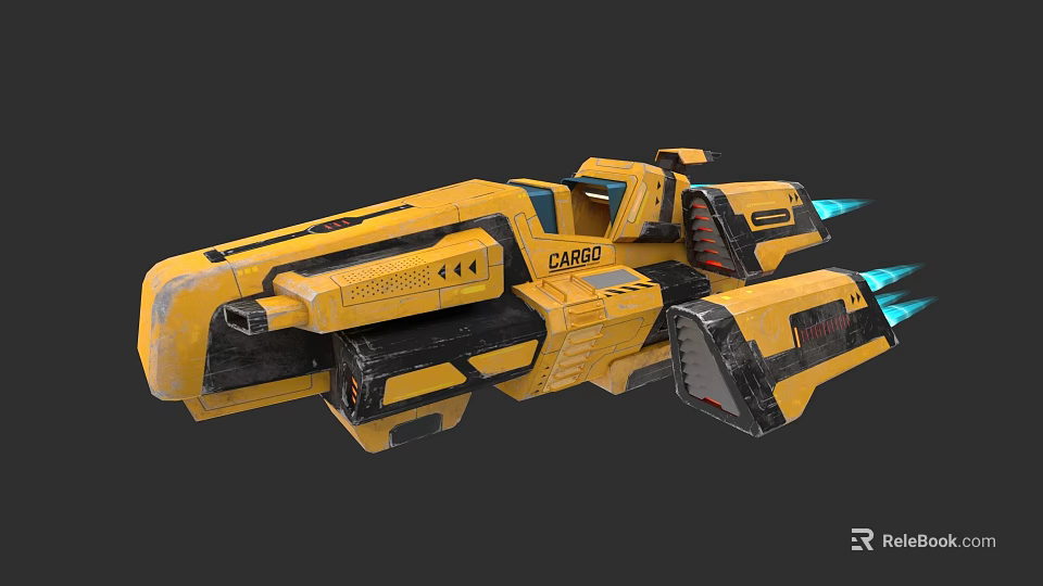 Futuristic Yellow Cargo Spaceship Model Featuring Blue Thrusters and Hull Details 3d model 