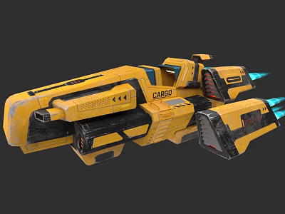 Futuristic Yellow Cargo Spaceship Model Featuring Blue Thrusters and Hull Details 3d model