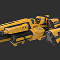 Futuristic Yellow Cargo Spaceship Model Featuring Blue Thrusters and Hull Details