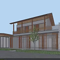 Modern Rural Self-built House With Wooden Balcony Large Glass Windows And Garden Greenery