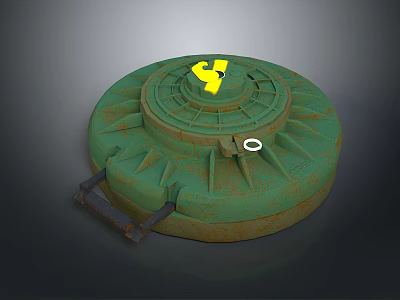 Rusted Green Circular Weapon With Yellow Y Symbol Metal Ring And Bracket 3d model