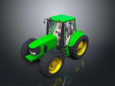 Green Tractor With Large Black Tires Yellow Rims And Spacious Cab Design Details 3d model