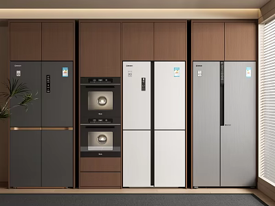 Modern Kitchen Fridge Freezers In Different Colors With Wooden Cabinets And Neat Layout 3d model
