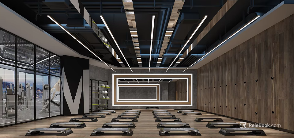 Modern Fitness Gym With Workout Benches Mirrored Walls Wooden Lockers And Overhead Lighting 3d model 