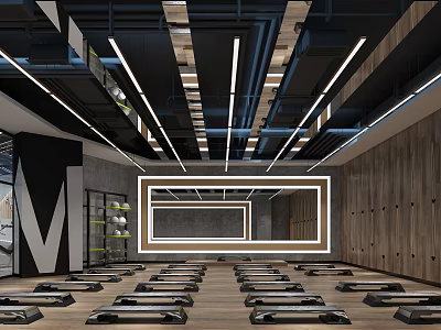 Modern Fitness Gym With Workout Benches Mirrored Walls Wooden Lockers And Overhead Lighting 3d model