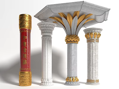 Columns With Various Designs White Bodies And Golden Decorations Including Red Gold One 3d model