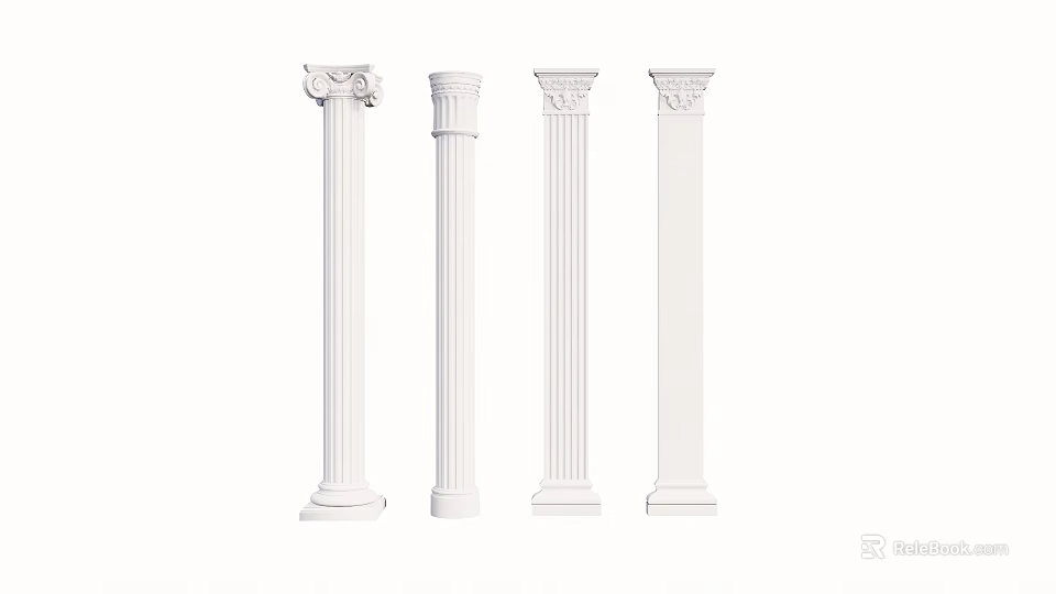 Four White Classical Architectural Roman Columns Featuring Different Capitals and Styles 3d model 