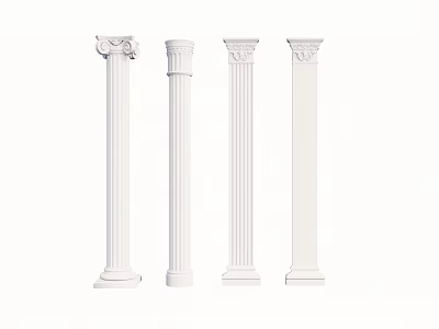 Four White Classical Architectural Roman Columns Featuring Different Capitals and Styles 3d model