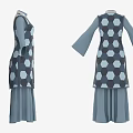 Elegant Women's Long Vest With Dark Blue Hexagonal Pattern And Light Blue Long Sleeves Dress