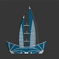 Cartoon Style Building Model with Blue Towers Ship Shaped Base Green Grass and Yellow Border