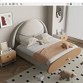 Cozy Kids Bed With Soft Headboard Wooden Frame Bedside Tables Decorative Pillows Toys Checkered Carpet