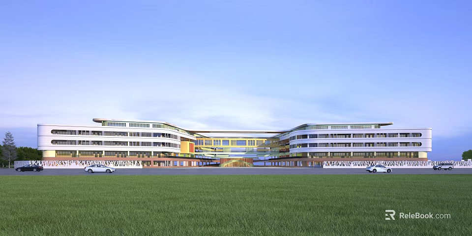 Modern School Building Exterior With Spacious Lawn Multiple Floors And Large Windows 3d model 
