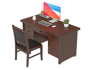 Wooden Office Desk With Monitor Keyboard Mouse White Mug Potted Plant Drawers And Cabinet 3d model