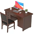 Wooden Office Desk With Monitor Keyboard Mouse White Mug Potted Plant Drawers And Cabinet