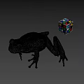Green Frog Next to Colorful Rubik's Cube on Gray Background