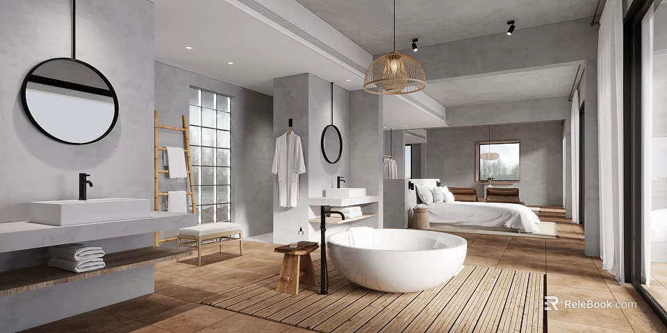 Hotel Room Interior With Gray Walls White Bathtub Round Mirror Wooden Flooring And Bed 3d model 
