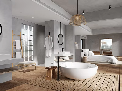 Hotel Room Interior With Gray Walls White Bathtub Round Mirror Wooden Flooring And Bed 3d model