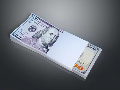 Stack of 100 US Dollar Bills Bound with White Paper Band 3d model