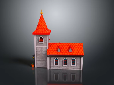 Charming Mall Shop With Red Spire Red Roof Gray Stone Walls And Arched Windows 3d model