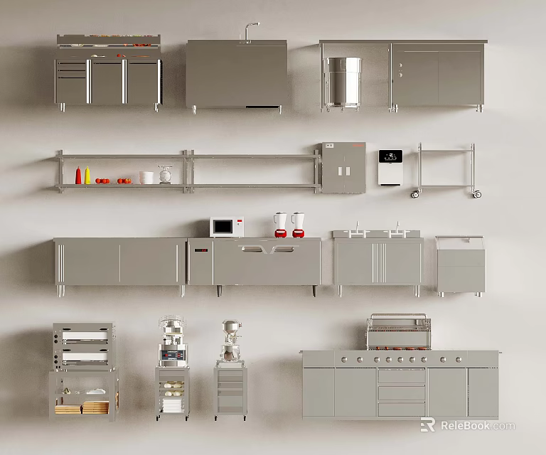 Modern Gray Kitchen Cabinet Set With Shelves And Appliances 3d model