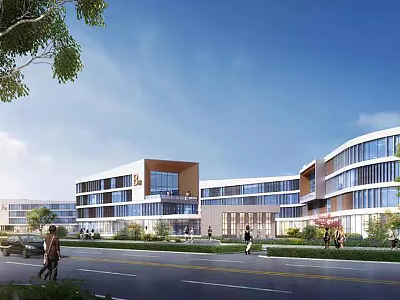 Modern Multi story Office Building With Glass Facade And Green Landscaping 3d model