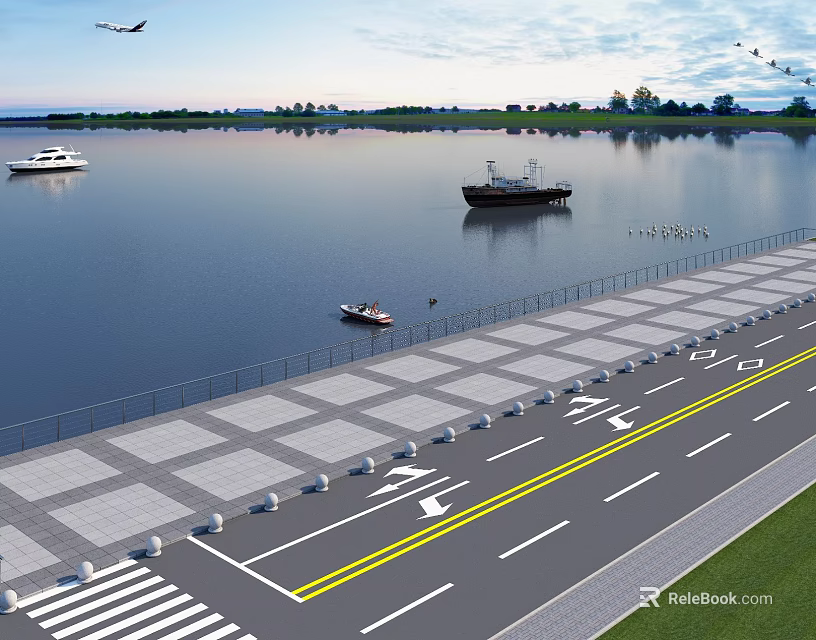 Tranquil Waterfront Scenery With Boats Pier Birds And Distant Land Under Blue Sky 3d model 