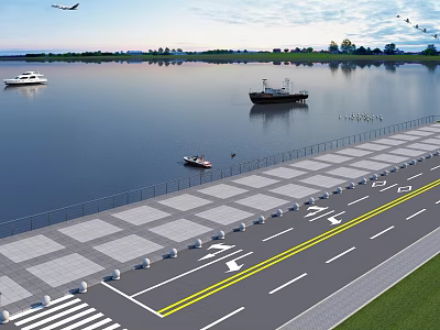 Tranquil Waterfront Scenery With Boats Pier Birds And Distant Land Under Blue Sky 3d model