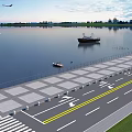 Tranquil Waterfront Scenery With Boats Pier Birds And Distant Land Under Blue Sky