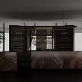 Modern Bar Counter With Orange Marble Top Shelves With Bottles And Green Plants