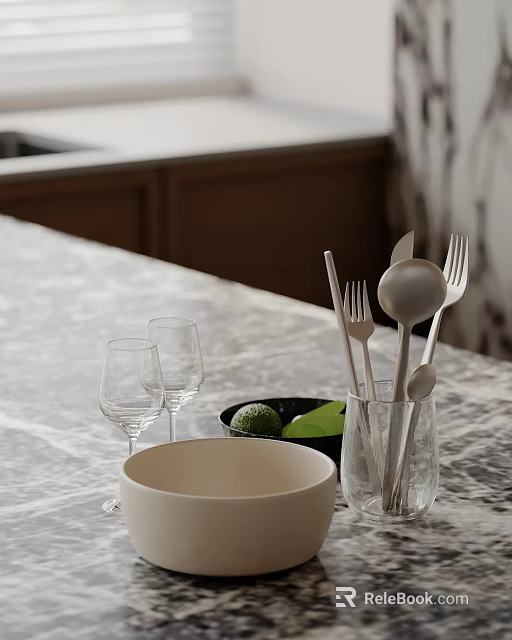Stylish Decorative Ornaments Set With Wine Glasses Bowl And Cutlery On Marble Countertop 3d model 