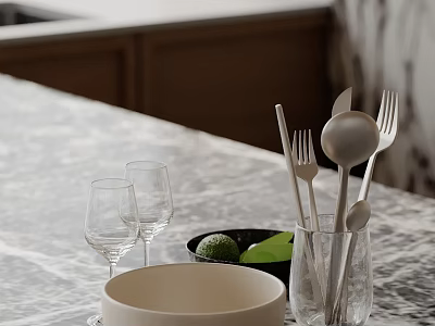 Stylish Decorative Ornaments Set With Wine Glasses Bowl And Cutlery On Marble Countertop 3d model