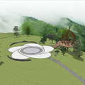 Scenic Road Facilities With Wooden Fruit Shaped Platform Steps Circular Pavement And Misty Mountain Views