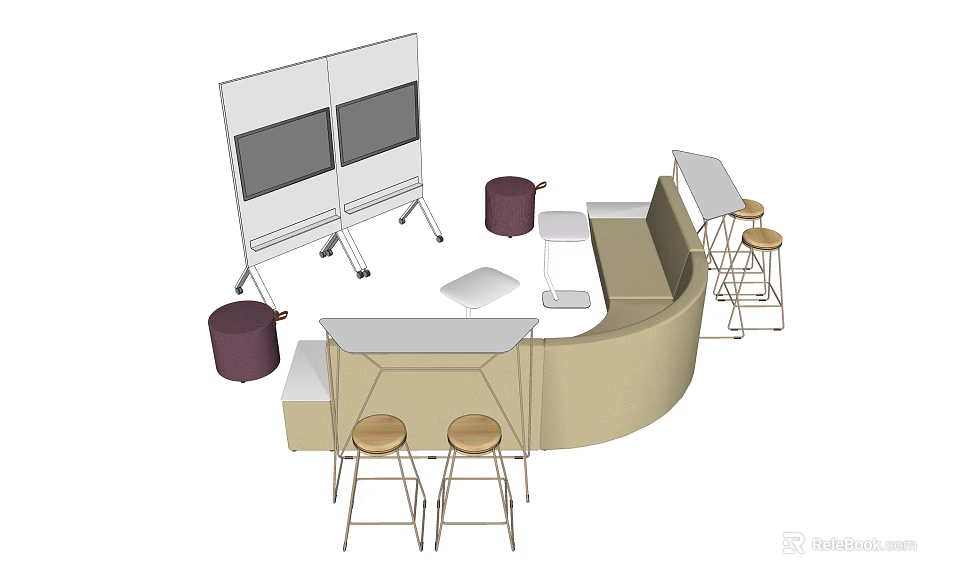 Public Chair Arrangement In Modern Lounge Space With Curved Seating And Stools 3d model 