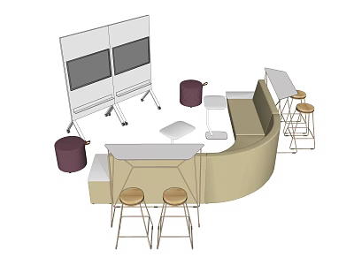 Public Chair Arrangement In Modern Lounge Space With Curved Seating And Stools 3d model