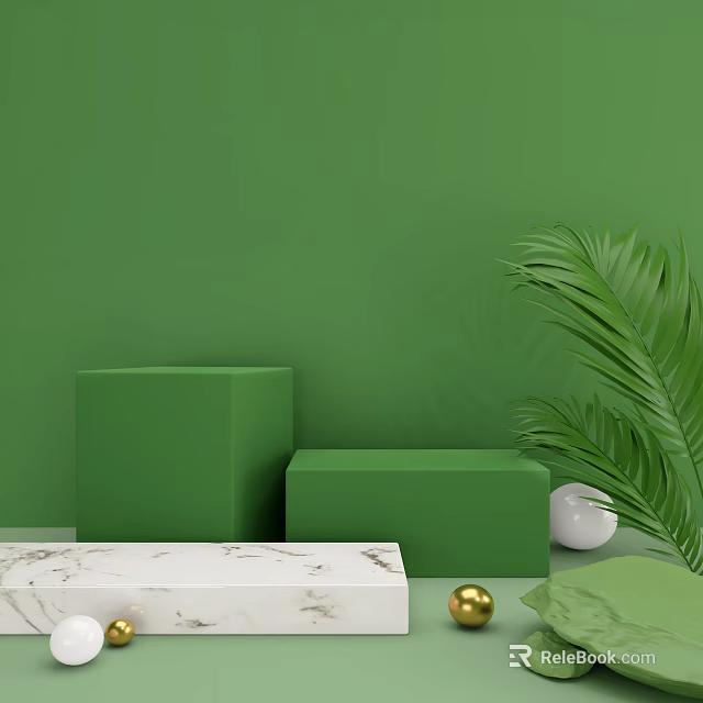 Minimal Green Scene With Cubes Sphere Gold Ball Palm Leaf And Marble Surface 3d model