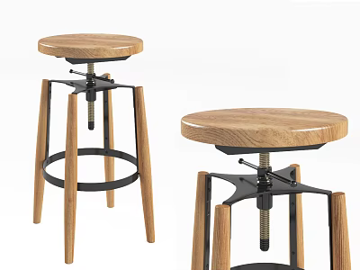 Modern Simple Bar Stools With Wooden Round Seat Metal Frame And Adjustable Height 3d model