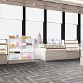 Spacious Food Display Area With Glass Cases Pastries And City Skyline View