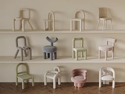 Leisure Chairs in Various Modern Designs and Different Colors Display on Shelves 3d model