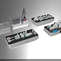 Tech Exhibition Hall with Industrial and Urban Models on Display Stands and Professional Visitor Observing