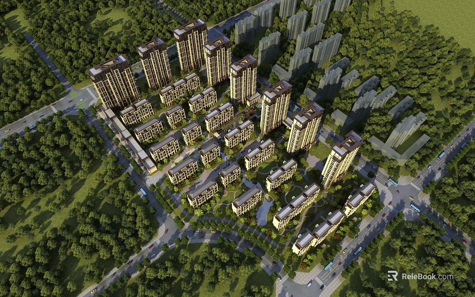 Aerial View Planning of Residential Area With High Rise Towers Low Rise Houses Green Spaces 3d model 