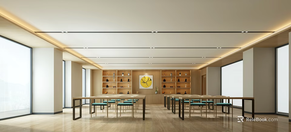 Spacious School Study Space With Wooden Bookshelves Tables Chairs And Wall Clock 3d model 